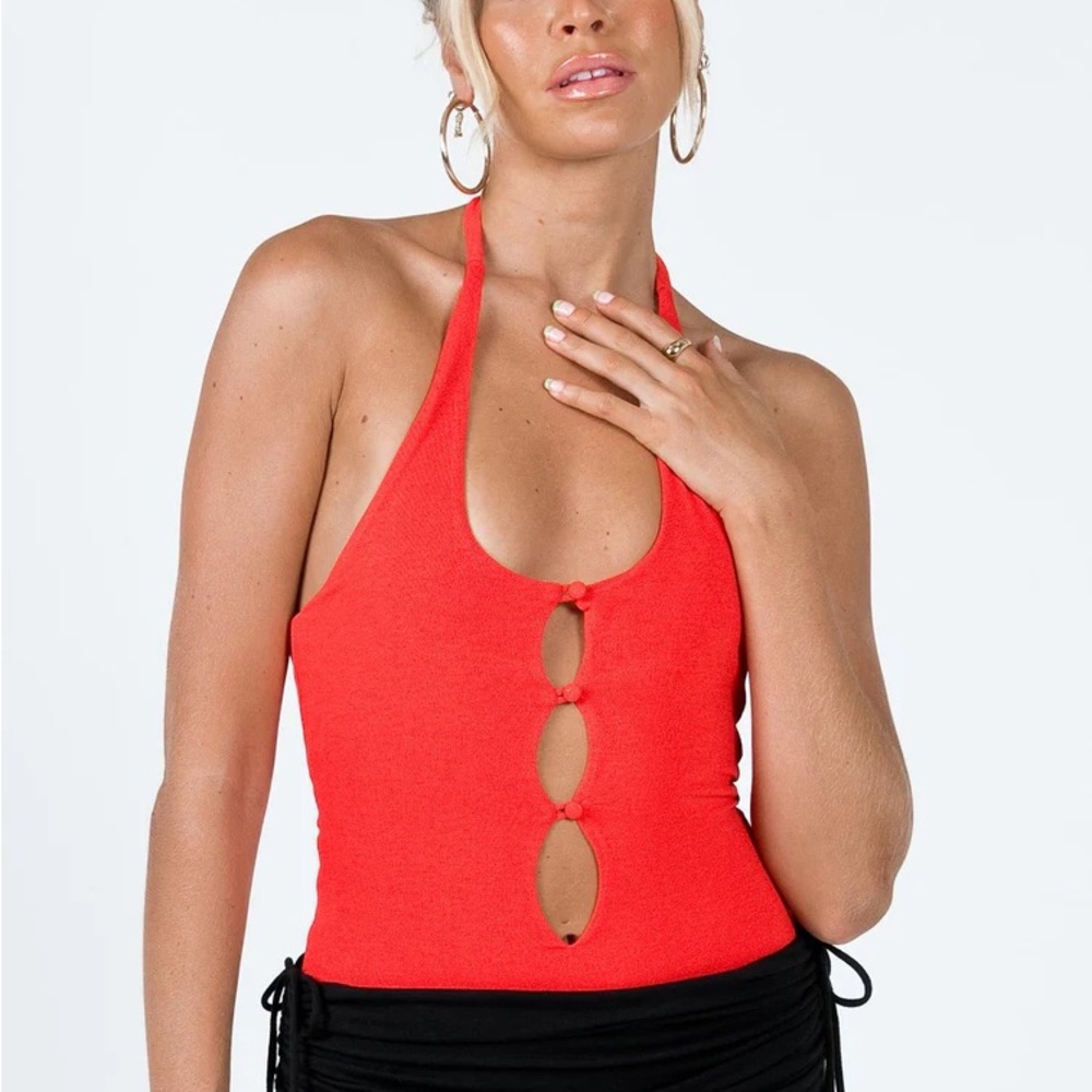 PRINCESS POLLY red button down with cutouts bodysuit